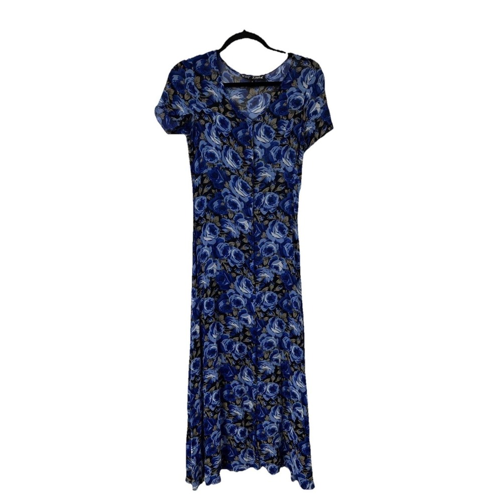 Vintage Betsey Johnson 90s Y2K Blue Floral Sheer Mesh Button Front Dress 6